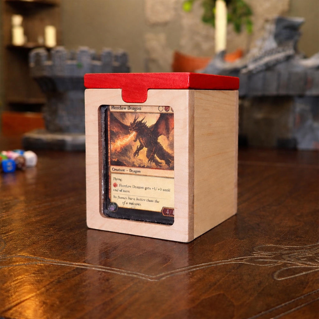 red lose-up of clear acrylic display window on front of deck box


