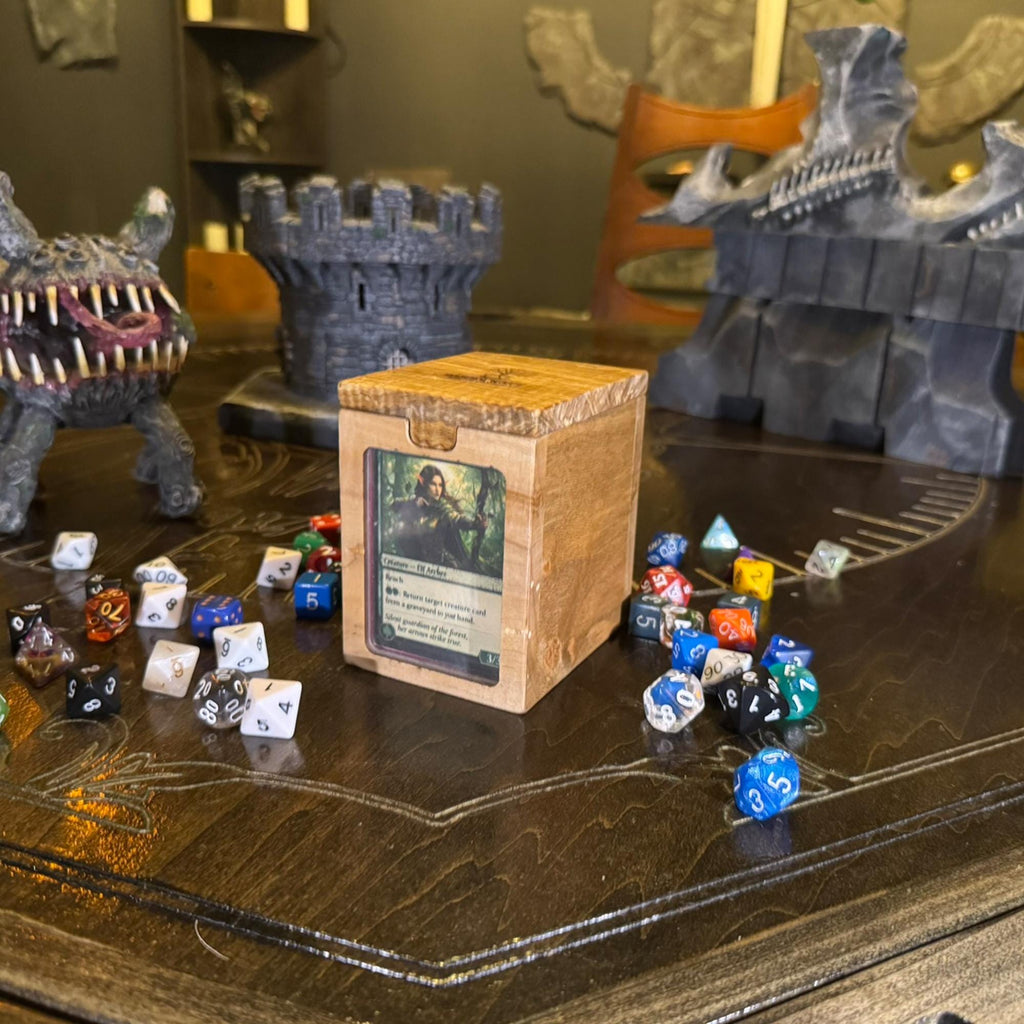 Open deck box showing interior sized for 100 double-sleeved cards
