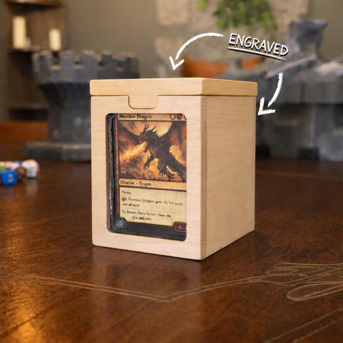 Hardwood deck box with clear display window, closed view
